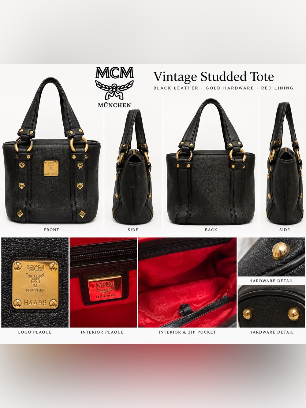 MCM Black Leather Tote with Gold Hardware and Red Interior
